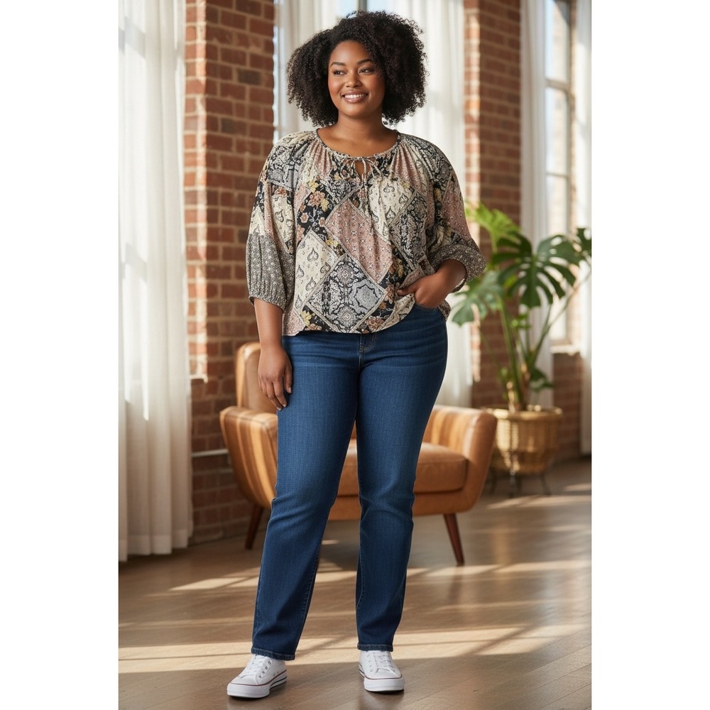 Maurices Womens 0X Patchwork Print Peasant Blouse 3/4 Puff Sleeve Boho Top